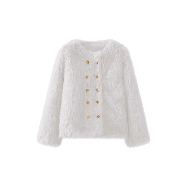 敲模女孩 韩版小香风时尚设计感排扣保暖舒适毛毛外套皮草 女款