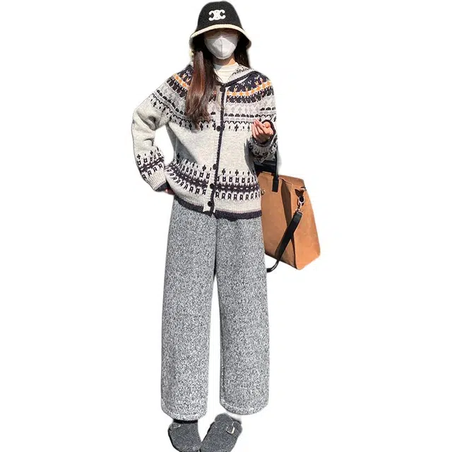 思蓓儿 复古雪花绒加绒毛呢阔腿裤女冬保暖显瘦九分加厚弯刀裤韩风奶奶裤休闲裤 女款