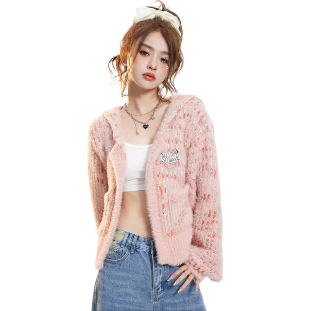 缪斯的诱惑 粉色设计感小众女春秋慵懒开衫外套小个子短上衣针织衫 女款