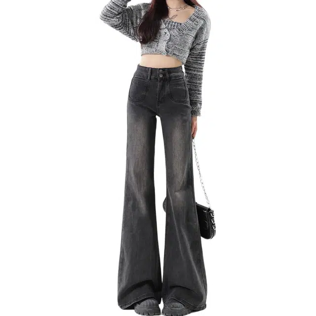 么宁 复古时尚高腰微喇叭显瘦显腿长加绒加厚不臃肿修身百搭保暖长裤小个子牛仔裤 女款