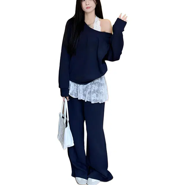 小卷要加油 韩系斜肩女春秋季学生宽松韩版时尚减龄休闲运动两件套潮卫衣套装 女款