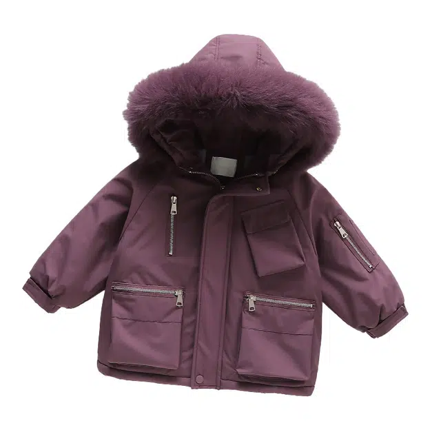 米囹派克服 女童加绒棉服外套冬季洋气女宝宝加厚冬装棉衣毛领中长款连帽棉袄保暖上衣 儿童款