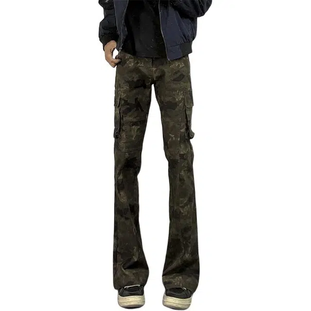 唐启 秋季修身直筒裤子高个子显腿长工装裤美式高街迷彩微喇牛仔裤 男女同款