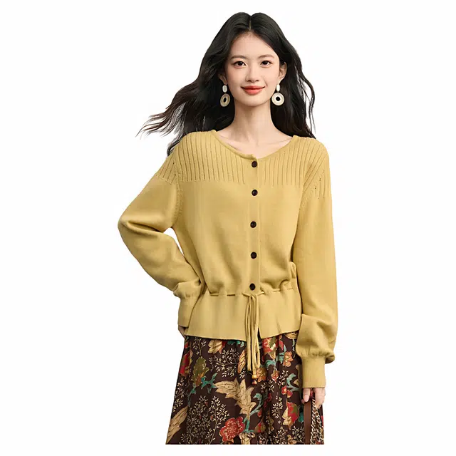佐塞斯 高端品质轻奢秋冬季穿搭开衫女慵懒风抽绳收腰软糯圆领外套针织衫 女款