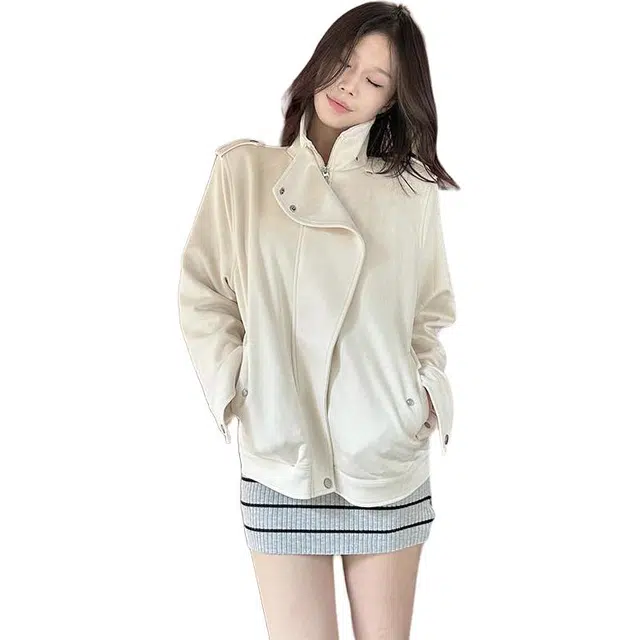 丝絮丝绸 春秋高级感宽松气质休闲夹克拉链上衣皮衣 女款