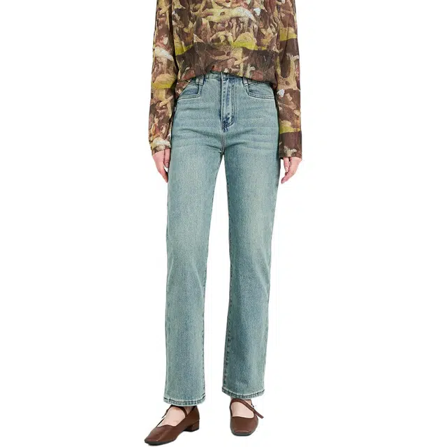 木果果木 秋季 美式复古做旧直筒裤纯色简约高腰牛仔裤 宽松 女款