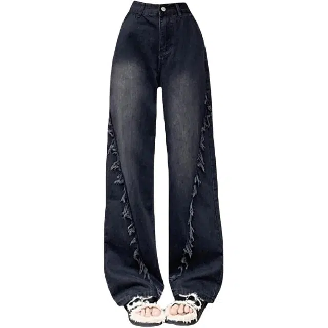 大格子与黑猫 黑色流苏水洗设计感秋季高腰显瘦毛边阔腿裤小众高街长裤牛仔裤 男女同款