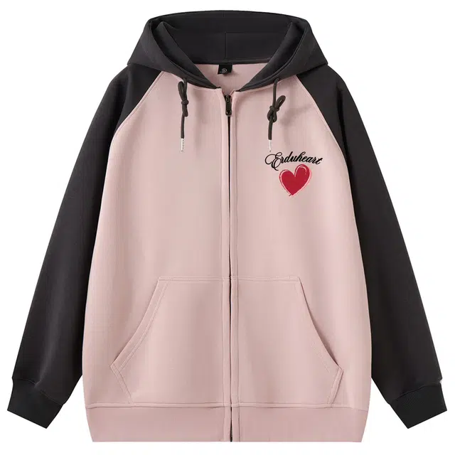 而度 美式复古撞色插肩袖连帽爱心贴画甜酷风宽松拉链开衫百搭上衣卫衣 男女同款