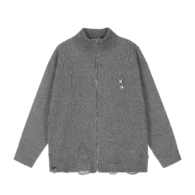 大格子与黑猫 宽松美式慵懒复古情侣秋冬破洞立领开衫外套针织衫 男女同款