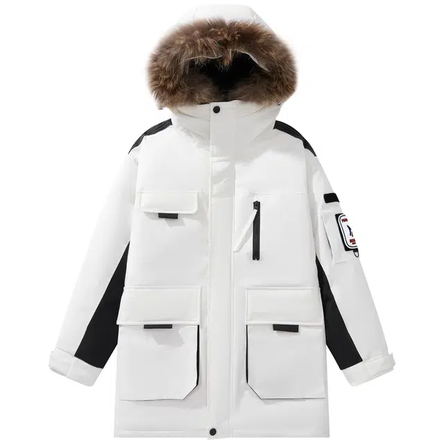 帕丁顿熊 山系户外基础款简约拼接字母臂章魔术贴宽松休闲百搭可拆卸大毛领加厚防风防寒保暖连帽中长款派克羽绒服 男女同款