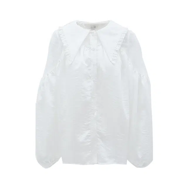 两三事 秋季法式复古文艺时尚休闲简约宽松舒适日常娃娃领纯色透视提花拼接灯笼袖长袖上衣衬衫 女款