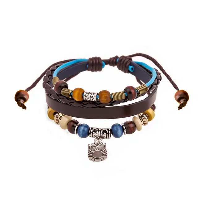 古韵归龙山文创 国潮多层叠戴手饰 复古个性嘻哈中性时尚通勤日常百搭小众设计感猫头鹰朋克编织#好运 柴木 手链 男女同款情侣款