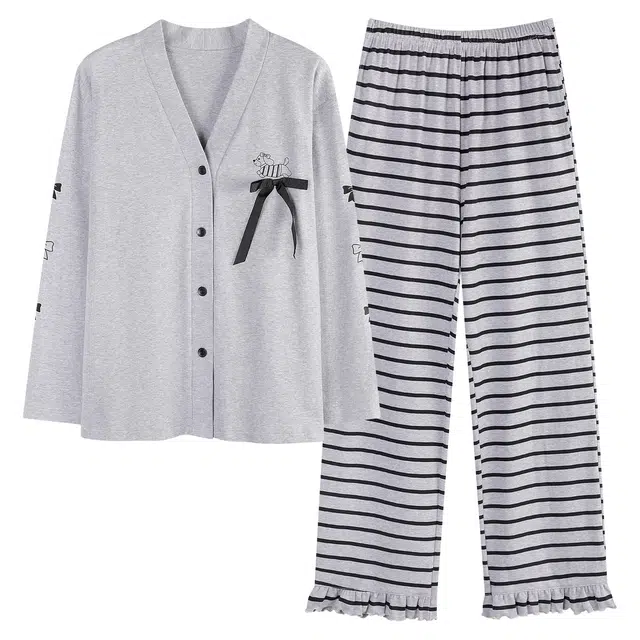桔内 秋季纯棉开衫带胸垫蝴蝶结条纹家居服 睡衣套装 女款