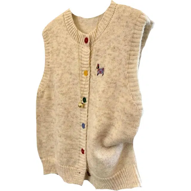 囍鱼少女 针织彩色纽扣小狗刺绣背心女春秋显瘦可叠穿无袖马甲 女款