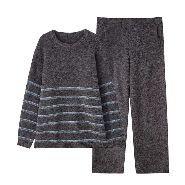 俏薇妮 冬季款半边绒保暖加厚条纹男珊瑚绒家居服睡衣套装 男款
