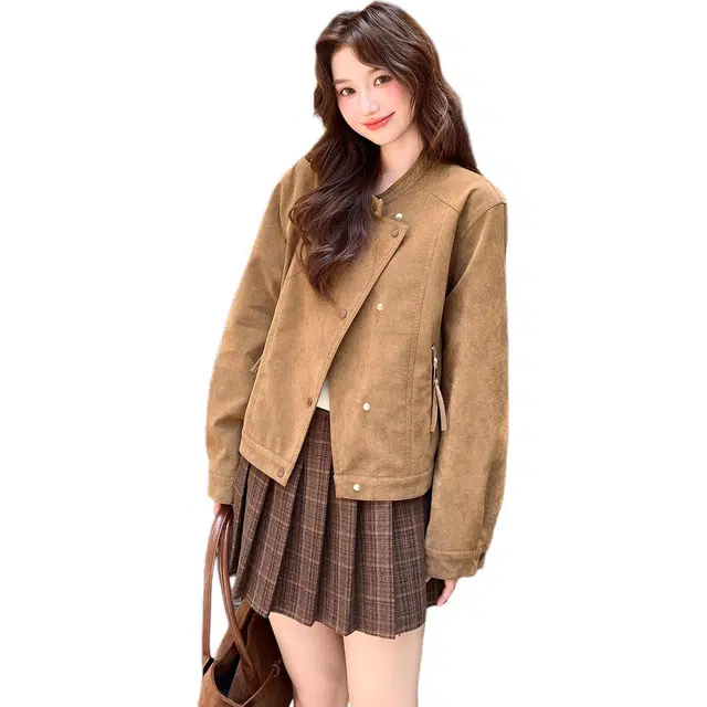 小卷要加油 韩里韩气复古麂皮绒短外套女小个子秋季韩系百搭上衣夹克 女款