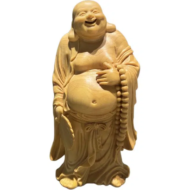 得笙陌 拿扇大肚开心弥勒新中式实木雕刻 黄杨木 摆件 男女同款情侣款