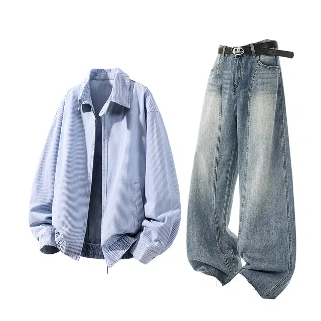 梓润格 美式秋冬户外时尚套头痞帅高级小设计感欧若风毛边氛围青春学院风高街复古感水洗牛仔长裤弯刀裤休闲运动套装 男女同款