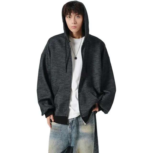 冈哉 秋款美式纯色基础款连帽开衫拼接撞色拼色简约百搭痞帅个性潮流潮牌慵懒感城市学院日常通勤柔软舒适卫衣 男女同款