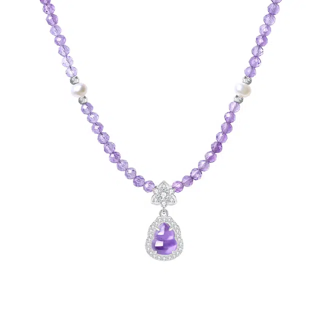 周大生 紫色银镶嵌葫芦轻奢高级设计感 国风国潮新中式 转运能量石#好运天然 紫水晶 项链 男女同款情侣款