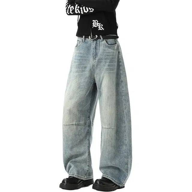 加荣 美式复古水洗拼接牛仔裤高街设计感休闲裤男潮牌时尚男装裤子早秋渐变宽松直筒裤男款青少年帅气学生潮流长裤 男女同款