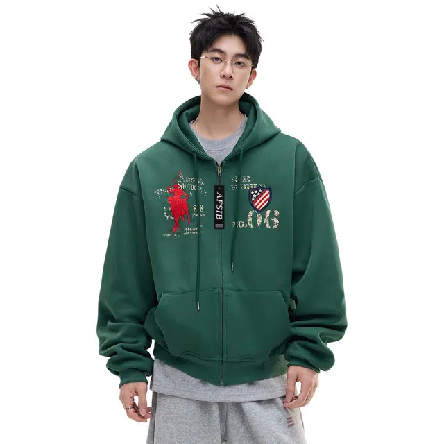 艾梵斯贝 美式复古潮流字母印花刺绣小众设计款无性别日常通勤百搭宽松休闲时尚高级感个性街头高街风连帽开衫情侣款卫衣 男女同款