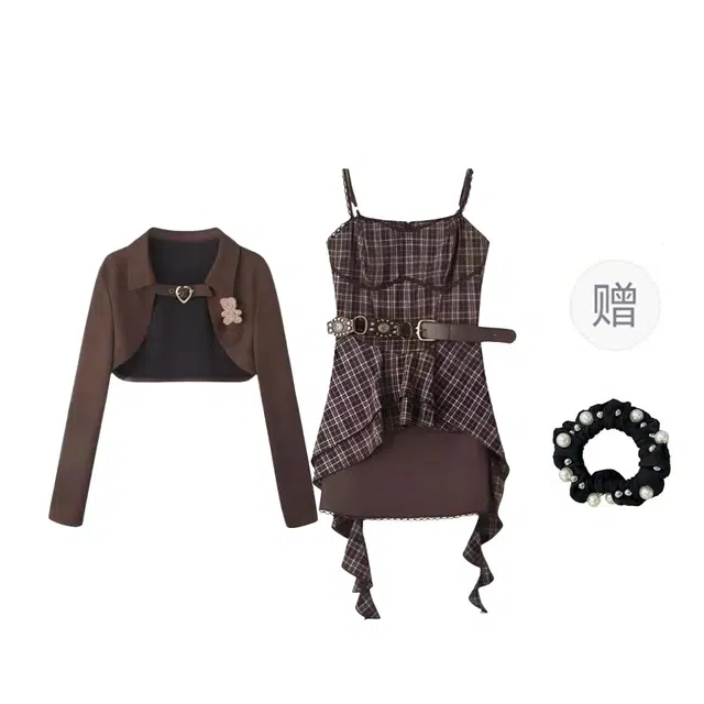 雾闪闪 大码川西回忆复古咖色格纹吊带连衣裙女秋季短款外套时尚裙装套装 女款