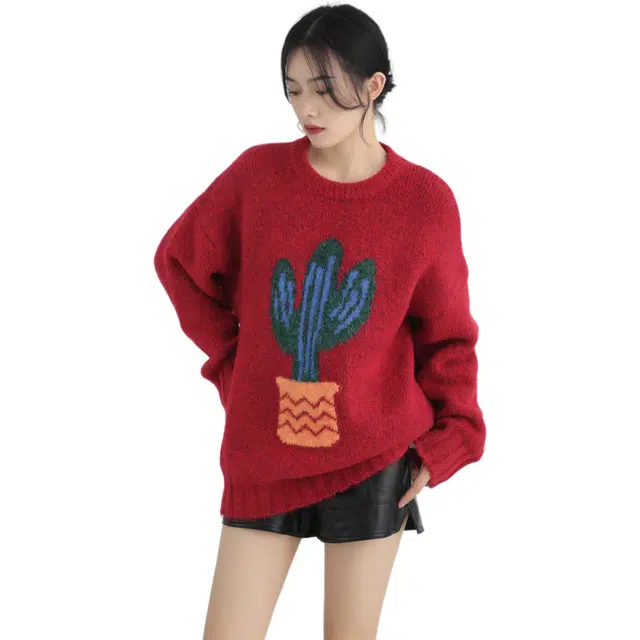 缪斯的诱惑 仙人掌高级感超好看厚外穿女秋款宽松慵懒风软糯上衣针织衫 女款