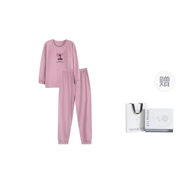 乐姿韵 带胸垫高级感时尚卡通圆领可爱少女宽松舒适长袖两件套家居服睡衣礼盒 秋冬季 女款