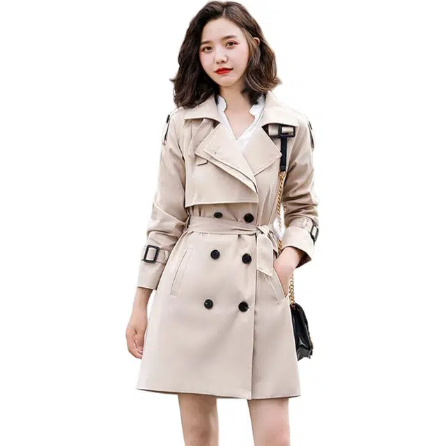 纤丝鸟 韩版中长款双排扣百搭外套气质优雅简约时尚修身显瘦大衣 女款