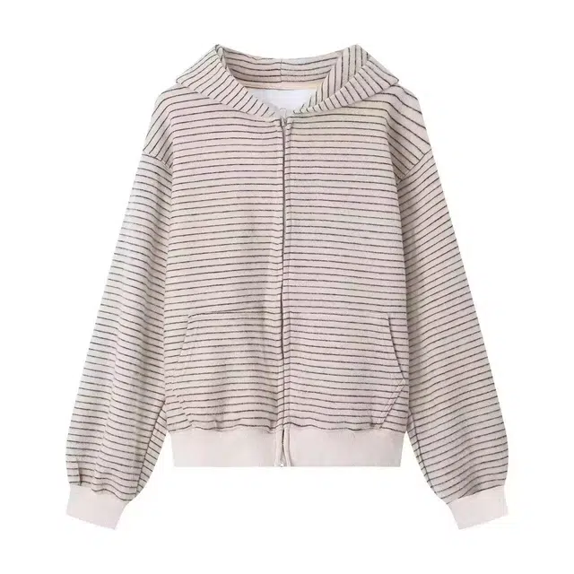 拾个壹先生 美式复古高街小众痞帅潮连帽韩版宽松初秋薄款条纹开衫无性别主义穿搭亲肤柔软舒适时尚个性休闲百搭设计感直筒外套卫衣 男女同款