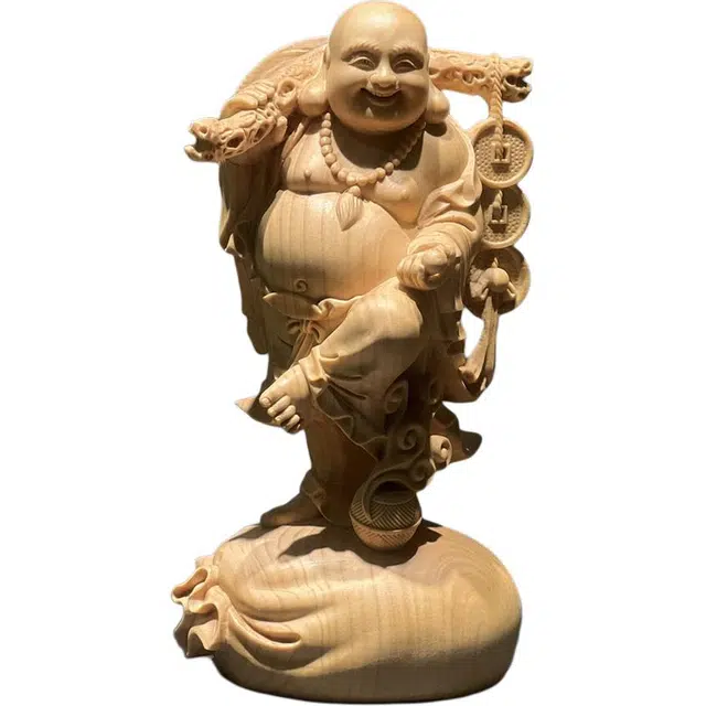 得笙陌 背铜钱弥勒佛招财进宝新中式实木雕刻 黄杨木 摆件 男女同款情侣款