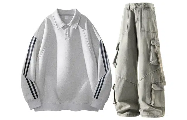 梓润格 美式复古简约百搭潮牌高街长袖潮流休闲上衣日系长裤街头风多口袋牛仔裤卫衣套装 男女同款