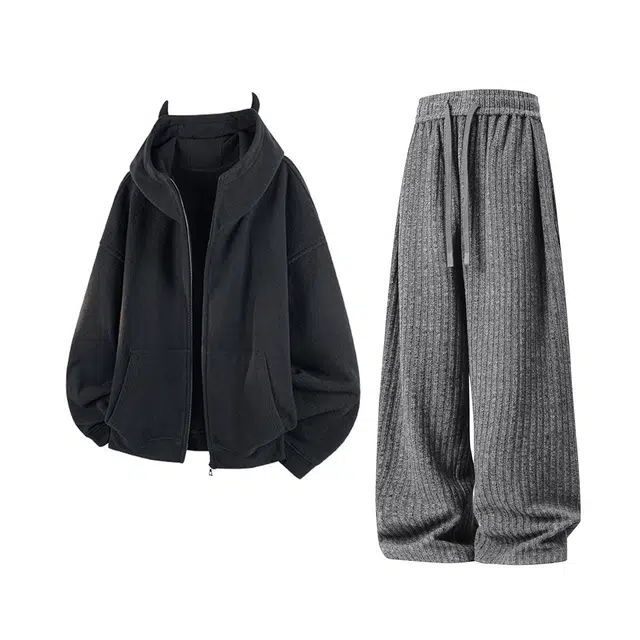 素杭 美式帽衫保暖摇粒绒亲肤小恶魔连帽拉链开衫外套搭配日系简约宽松直筒阔腿长裤两件套潮流穿搭一整套休闲运动套装 男女同款