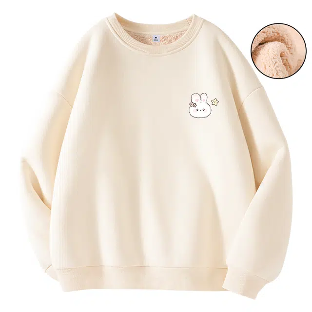 棉致 星星小兔涂鸦百搭创意时尚简约羊羔绒加绒加厚柔软细腻保暖舒适休闲日常圆领长袖卫衣 男女同款