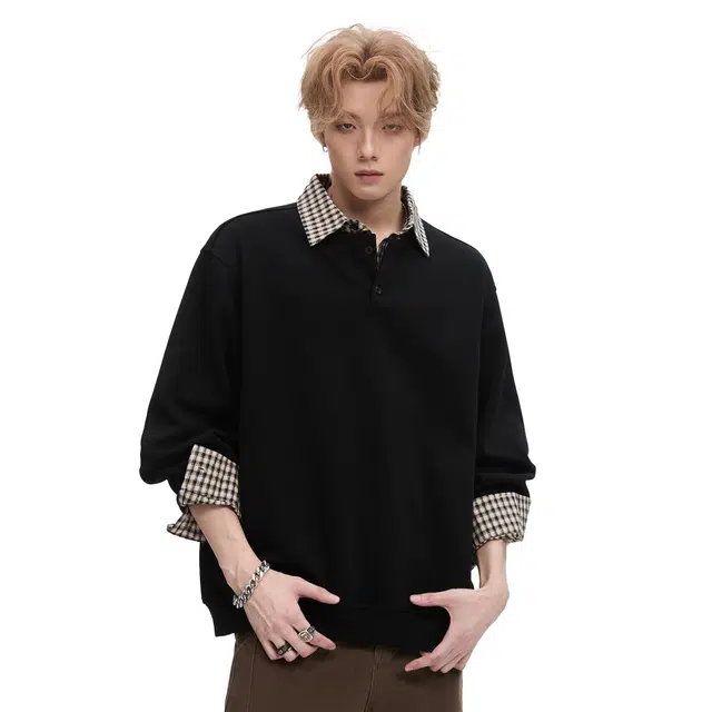 隐狼世家 复古假两件衬衫拼接翻领男生秋季潮牌宽松情侣休闲外套卫衣 男款