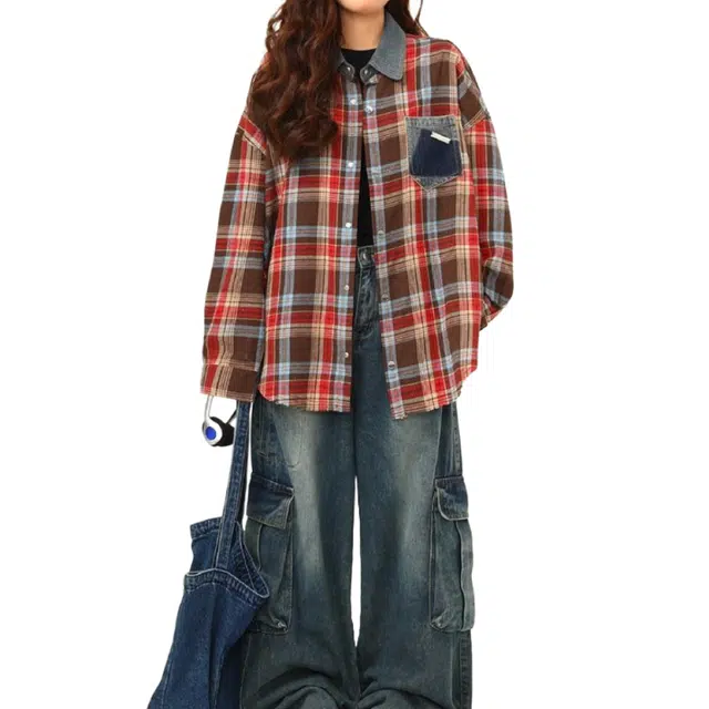 寻星记 美式复古高街潮流假两件拼接宽松长袖格纹衬衫 男款