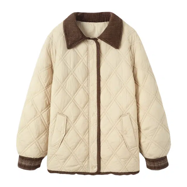 潞优野 百搭时尚大方简约舒适温暖巴恩风通勤休闲翻领菱格棉服 女款