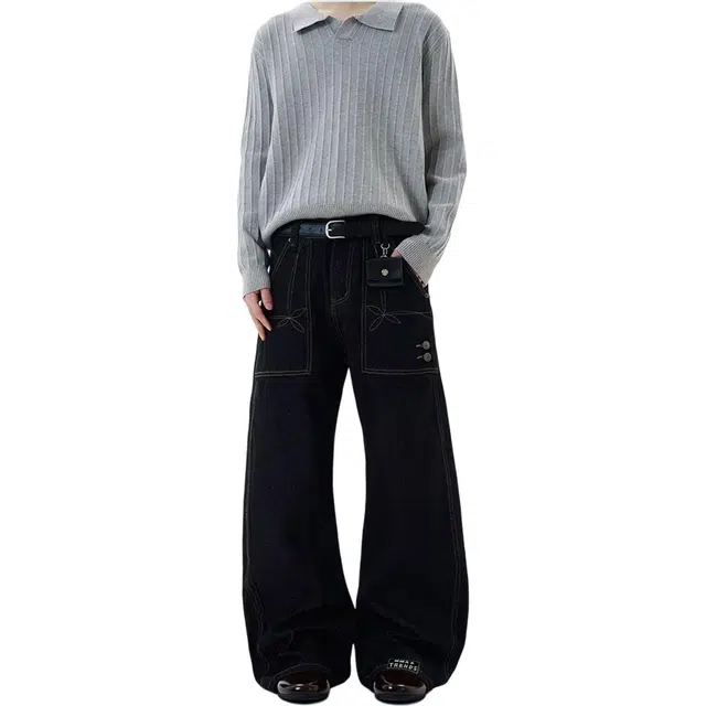 赫赫良衣 美式复古高街潮流水洗做旧宽松舒适弯刀阔腿日常通勤休闲牛仔裤 男女同款