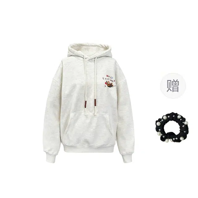 雾闪闪 纯棉华棉复合奥粒绒女秋冬刺绣花设计感宽松连帽保暖上衣 卫衣 女款