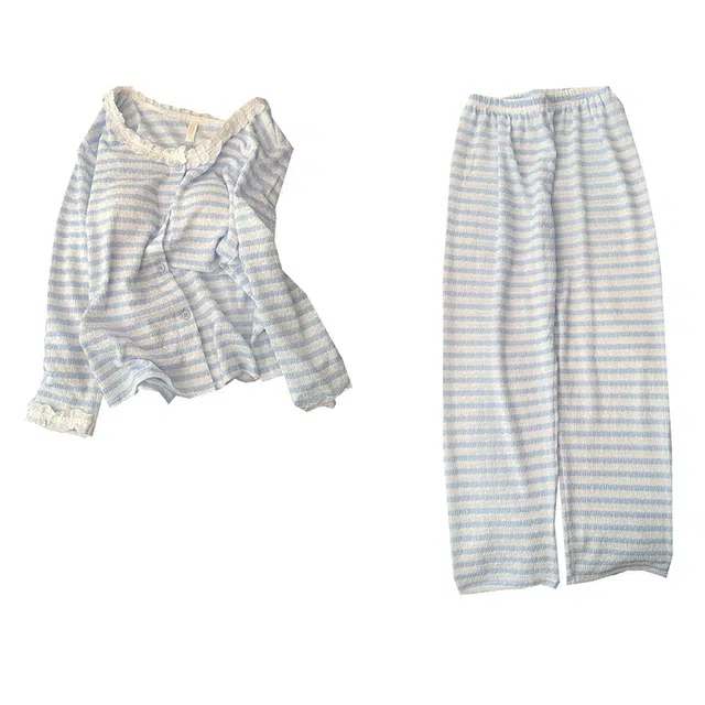 俞兆林 轻奢时尚条纹高级感花边圆领柔软舒适长袖长裤休闲家居服睡衣套装 秋冬季 女款