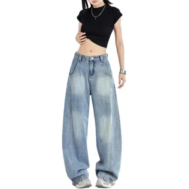 淑好百 宽松阔腿拖地中低腰牛仔裤 女款