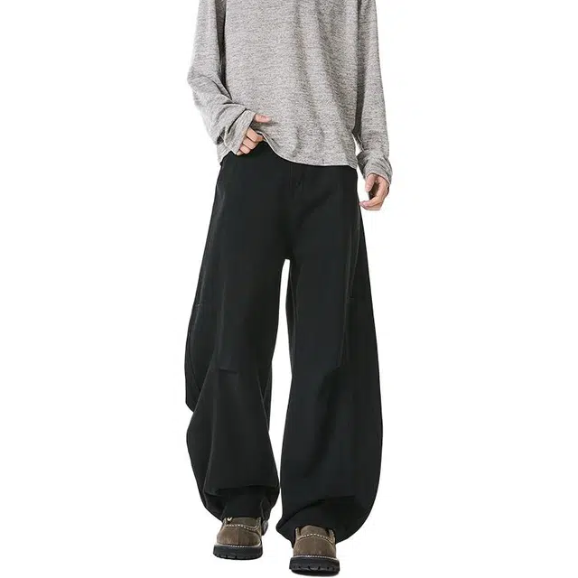 加荣 美式复古水洗做旧牛仔裤男款秋季潮牌褶皱宽松直筒裤男高街百搭休闲裤男装痞帅阔腿垂感弯刀裤男士小众解构设计长裤 男女同款