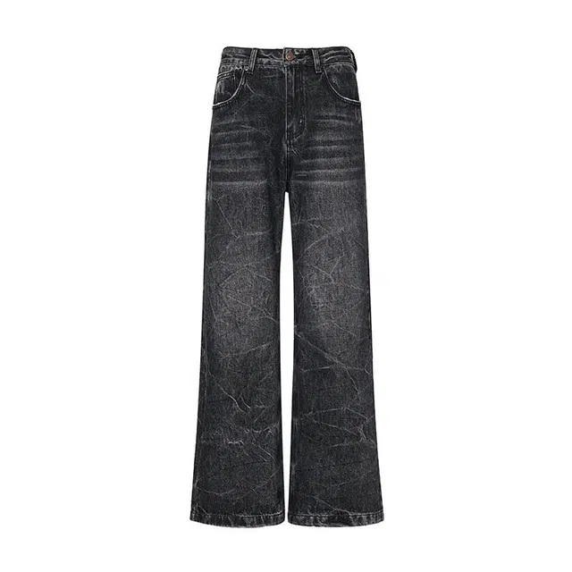 大格子与黑猫 黑色复古水洗直筒爆裂纹设计高级宽松阔腿垂感裤子牛仔裤 男女同款