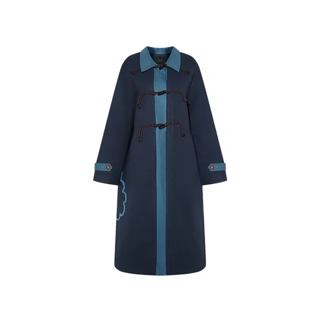 两三事 花朵毛巾绣拼色牛角扣大衣 女款