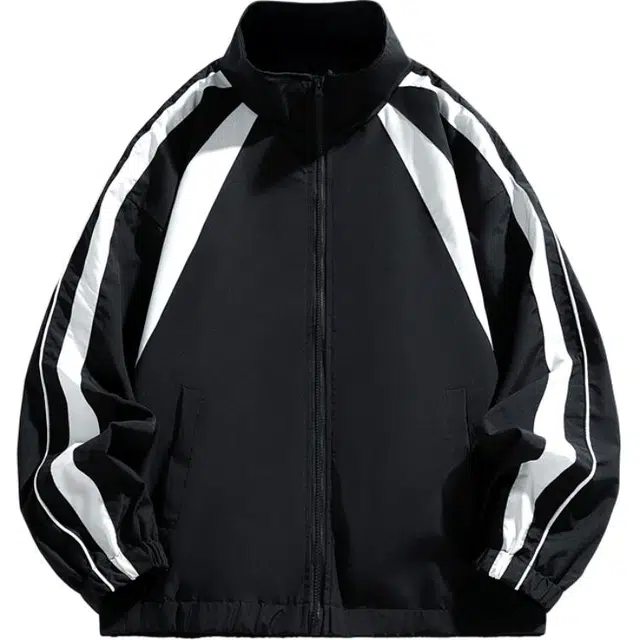 海尔斯 户外条纹设计立领落肩宽松拉链夹克外套 男女同款