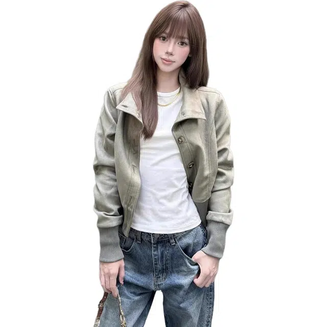 小卷要加油 美式复古短款立领麂皮绒女秋季韩版收腰显瘦设计感外套潮夹克 女款