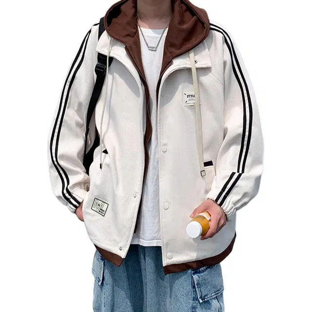 冈哉 美式相机片复古春秋款机车痞帅高街休闲连帽外套翻领百搭工装宽松春秋季拉链大码个性舒适潮流日常通勤夹克 男女同款