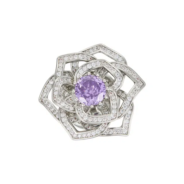 聆听花开 时尚重工轻奢风优雅气质个性小众高级感立体花朵镂空时尚精致微镶锆石强磁铁扣 钯金 胸针 女款