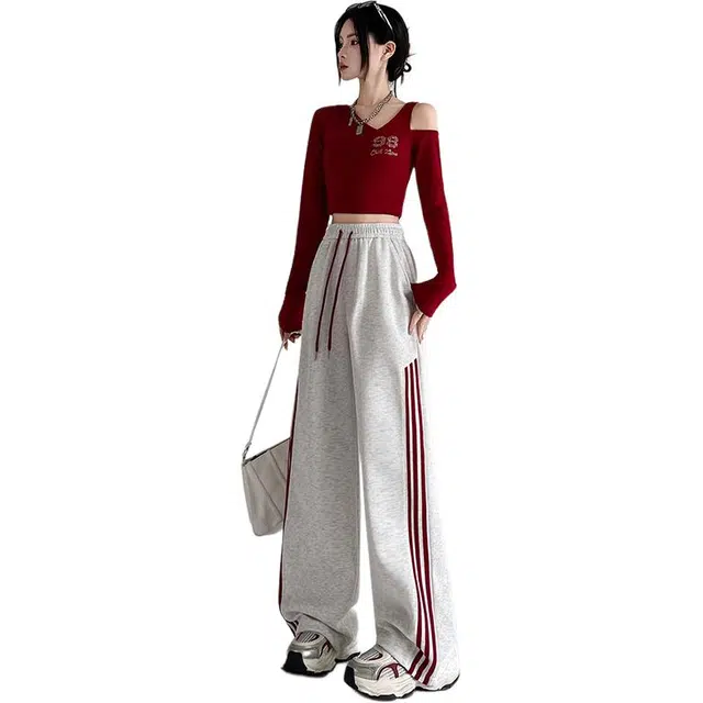 思蓓儿 美式三条杠运动裤秋季高腰阔腿束脚卫裤工装裤休闲裤 男女同款